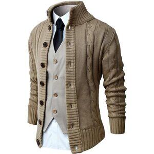 Men's Long Sleeve Stand Collar Cardigan Button Down Cable Knitted Sweater